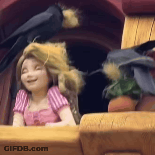 A Cartoon Girl Is Sitting In A Window With A Bird Flying Around Her Head . GIF