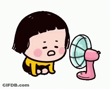 A Cartoon Girl Is Sitting Next To A Fan And Blowing On It . GIF