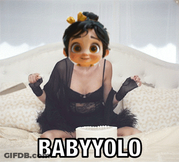 A Cartoon Girl Is Sitting On A Bed With A Cake And The Words Babyyolo GIF