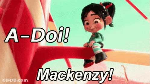 A Cartoon Girl Is Sitting On A Candy Cane With The Words " A-Doil Mackenzie " Written Above Her GIF