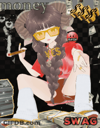 A Cartoon Girl Is Sitting On A Pile Of Money With The Word Swag Below Her GIF