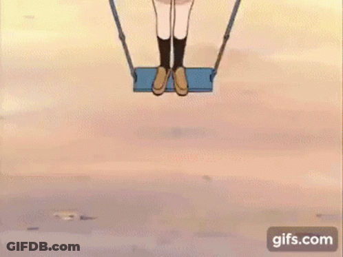 A Cartoon Girl Is Sitting On A Swing In The Air . GIF