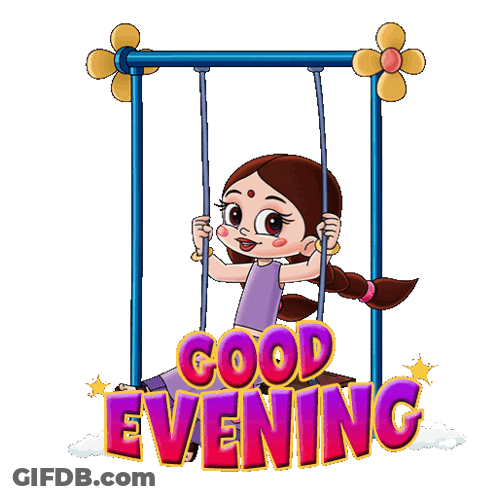A Cartoon Girl Is Sitting On A Swing With The Words " Good Evening " Above Her GIF