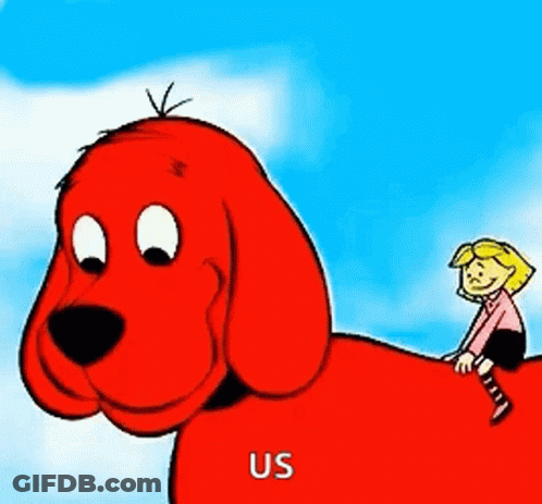 A Cartoon Girl Is Sitting On The Back Of A Large Red Dog . GIF