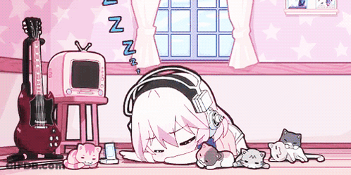 A Cartoon Girl Is Sleeping In A Room With Cats And A Guitar . GIF