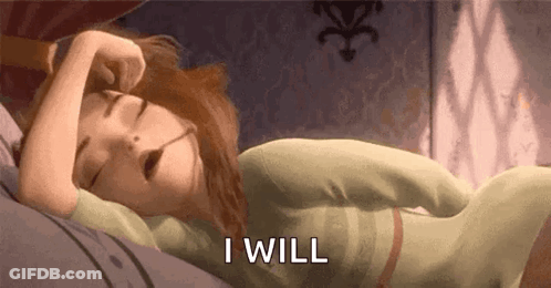 A Cartoon Girl Is Sleeping On A Bed With Her Eyes Closed And The Words `` I Will '' Written Next To Her . GIF