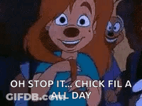 A Cartoon Girl Is Smiling And Saying `` Oh Stop It ... Chick Fil A All Day '' . GIF