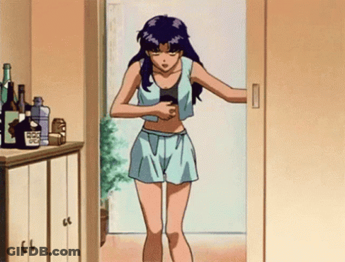 A Cartoon Girl Is Standing In A Doorway With Bottles Of Alcohol On A Cabinet . GIF