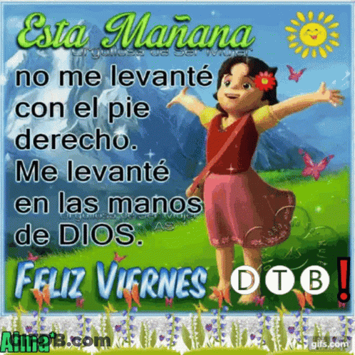 A Cartoon Girl Is Standing In A Field With Her Arms Outstretched On A Greeting Card That Says Feliz Viernes GIF