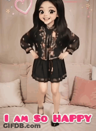 A Cartoon Girl Is Standing In Front Of A Couch With The Words `` I Am So Happy '' Written Below Her . GIF