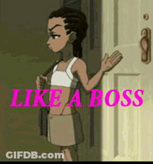 A Cartoon Girl Is Standing In Front Of A Door With The Words Like A Boss In Pink Letters GIF