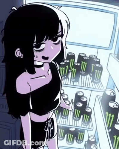 A Cartoon Girl Is Standing In Front Of A Fridge Full Of Monster Energy Drinks GIF