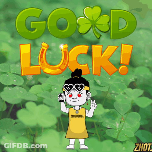 A Cartoon Girl Is Standing In Front Of A Green Background With The Words Good Luck On It GIF