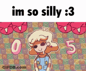 A Cartoon Girl Is Standing In Front Of A Pattern Of Cats And The Words Im So Silly 3 GIF