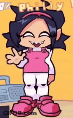 A Cartoon Girl Is Standing In Front Of A Radio With The Word Philly On It . GIF