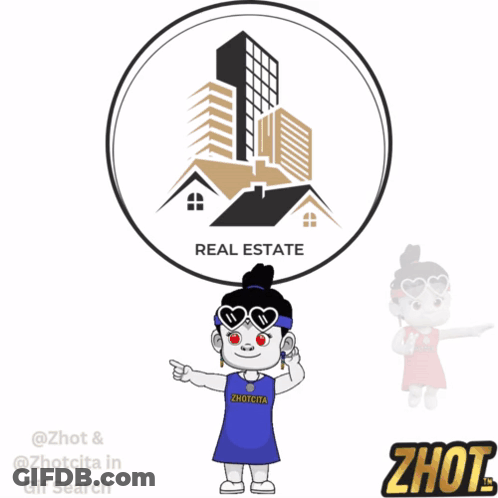 A Cartoon Girl Is Standing In Front Of A Real Estate Sign GIF