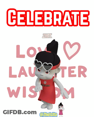 A Cartoon Girl Is Standing In Front Of A Sign That Says " Celebrate Love Laughter Wisdom " GIF