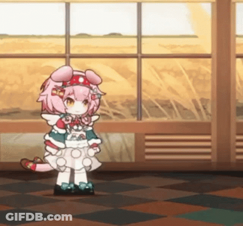 A Cartoon Girl Is Standing In Front Of A Window Wearing A Dress And Hat . GIF