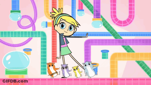 A Cartoon Girl Is Standing Next To A Bunch Of Hamsters On A Pink Tiled Floor GIF
