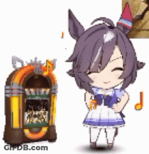 A Cartoon Girl Is Standing Next To A Jukebox And Smiling . GIF