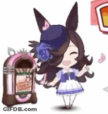 A Cartoon Girl Is Standing Next To A Jukebox And Smiling . GIF