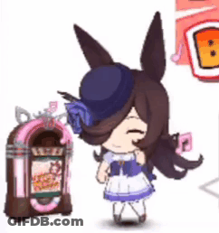 A Cartoon Girl Is Standing Next To A Jukebox And Wearing A Blue Hat . GIF
