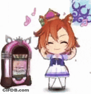 A Cartoon Girl Is Standing Next To A Jukebox With A Crown On Her Head . GIF