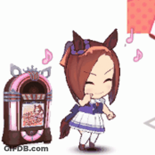 A Cartoon Girl Is Standing Next To A Jukebox With Music Notes Coming Out Of It . GIF