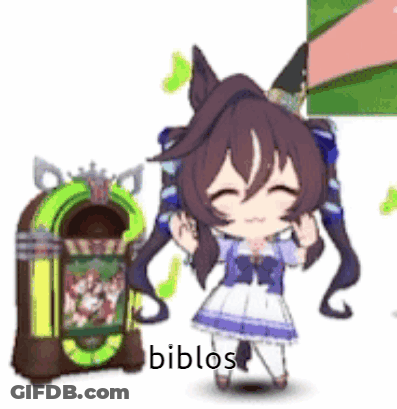 A Cartoon Girl Is Standing Next To A Jukebox With The Word Biblos On It . GIF