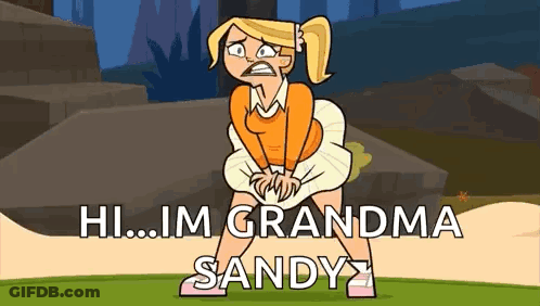 A Cartoon Girl Is Standing On A Grassy Field And Talking To Her Grandma Sandy . GIF