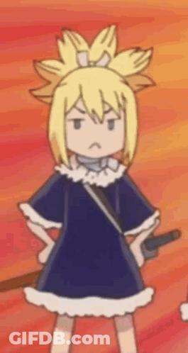 A Cartoon Girl Is Standing With Her Hands On Her Hips And Holding A Sword . GIF