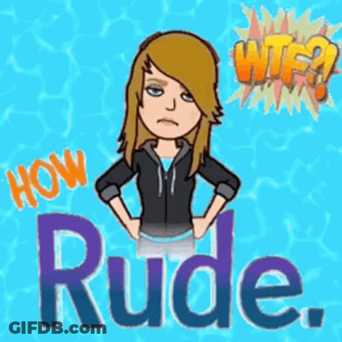 A Cartoon Girl Is Standing With Her Hands On Her Hips In Front Of The Words How Rude And Wtf GIF