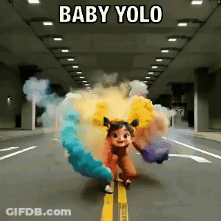 A Cartoon Girl Is Walking Down A Street With Smoke Coming Out Of Her Hands And The Words Baby Yolo Behind Her GIF
