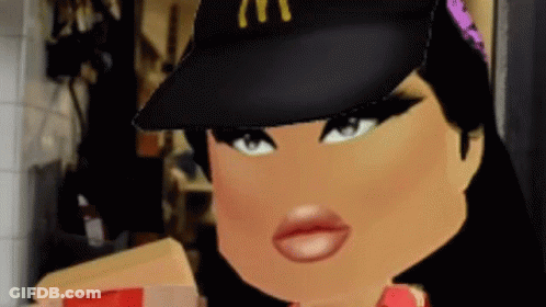 A Cartoon Girl Is Wearing A Mcdonald 'S Hat And Holding A Box Of Fries . GIF