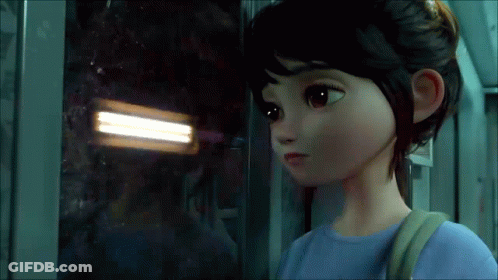 A Cartoon Girl Looking Out A Window With A Reflection Of A Person GIF