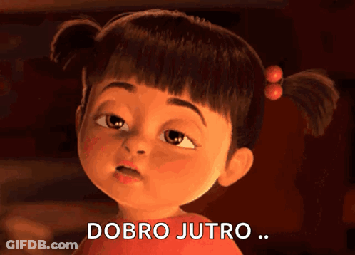 A Cartoon Girl Says " Dobro Jutro " In Front Of A Red Background GIF