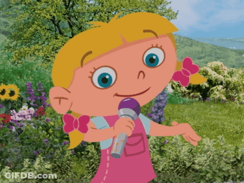 A Cartoon Girl Singing Into A Microphone In A Field GIF