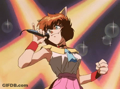 A Cartoon Girl Singing Into A Microphone With A Cross On The Background GIF