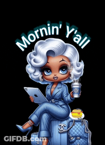 A Cartoon Girl Sitting On A Suitcase Holding A Cup Of Coffee And A Tablet GIF
