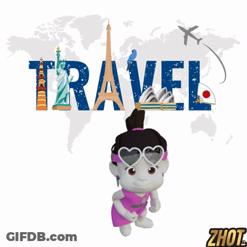 A Cartoon Girl Stands In Front Of A Travel Poster GIF