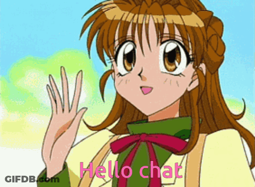 A Cartoon Girl Waving Her Hand With The Words Hello Chat Below Her GIF