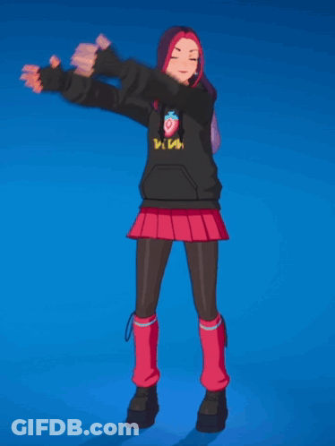 A Cartoon Girl Wearing A Black Hoodie With A Strawberry On It Is Standing With Her Arms Outstretched GIF