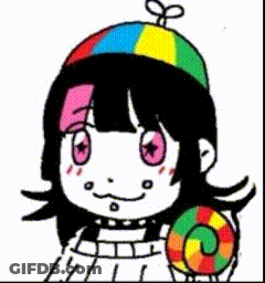 A Cartoon Girl Wearing A Colorful Hat And Holding A Lollipop . GIF