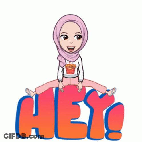 A Cartoon Girl Wearing A Hijab Jumps In The Air Above The Word Hey GIF