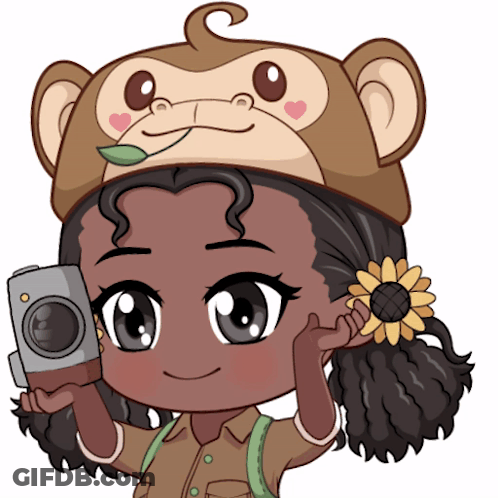 A Cartoon Girl Wearing A Monkey Hat Holding A Camera GIF