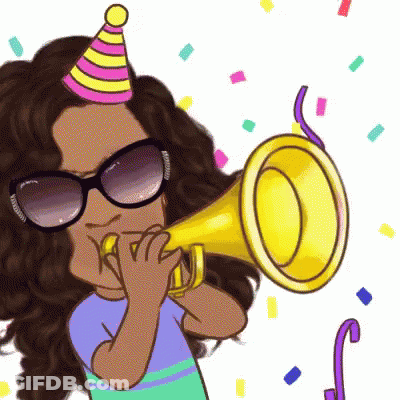 A Cartoon Girl Wearing A Party Hat And Sunglasses Is Blowing A Trumpet GIF