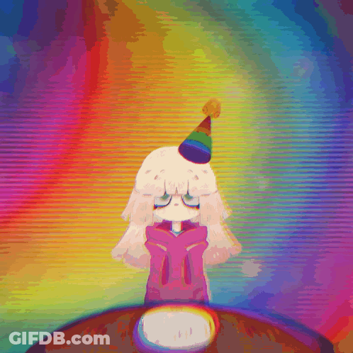 A Cartoon Girl Wearing A Party Hat Is Standing In Front Of A Rainbow . GIF
