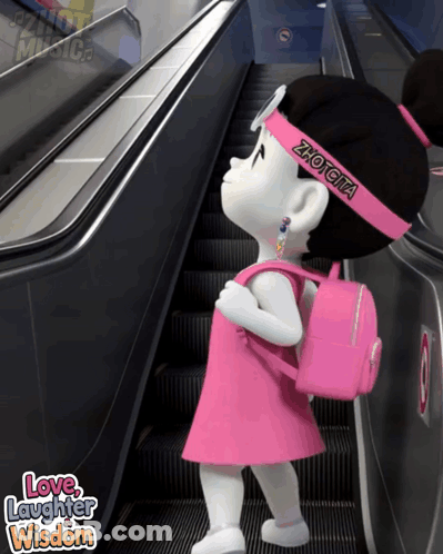 A Cartoon Girl Wearing A Pink Dress And A Pink Backpack Is On An Escalator With The Words Love Laughter Wisdom Below Her GIF