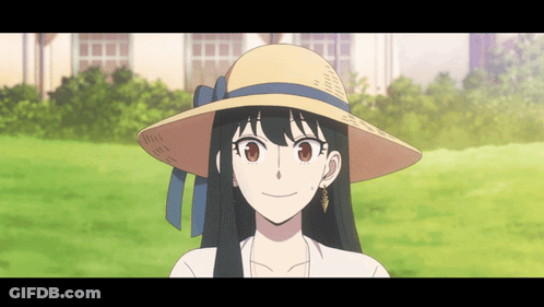 A Cartoon Girl Wearing A Straw Hat And Earrings GIF