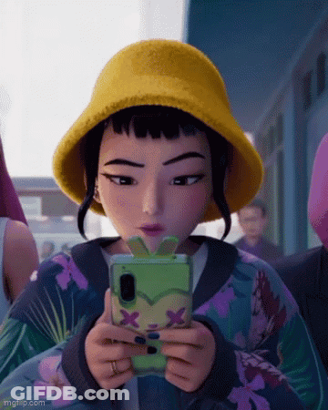 Cartoon Girl In Yellow Hat Looking At Phone GIF